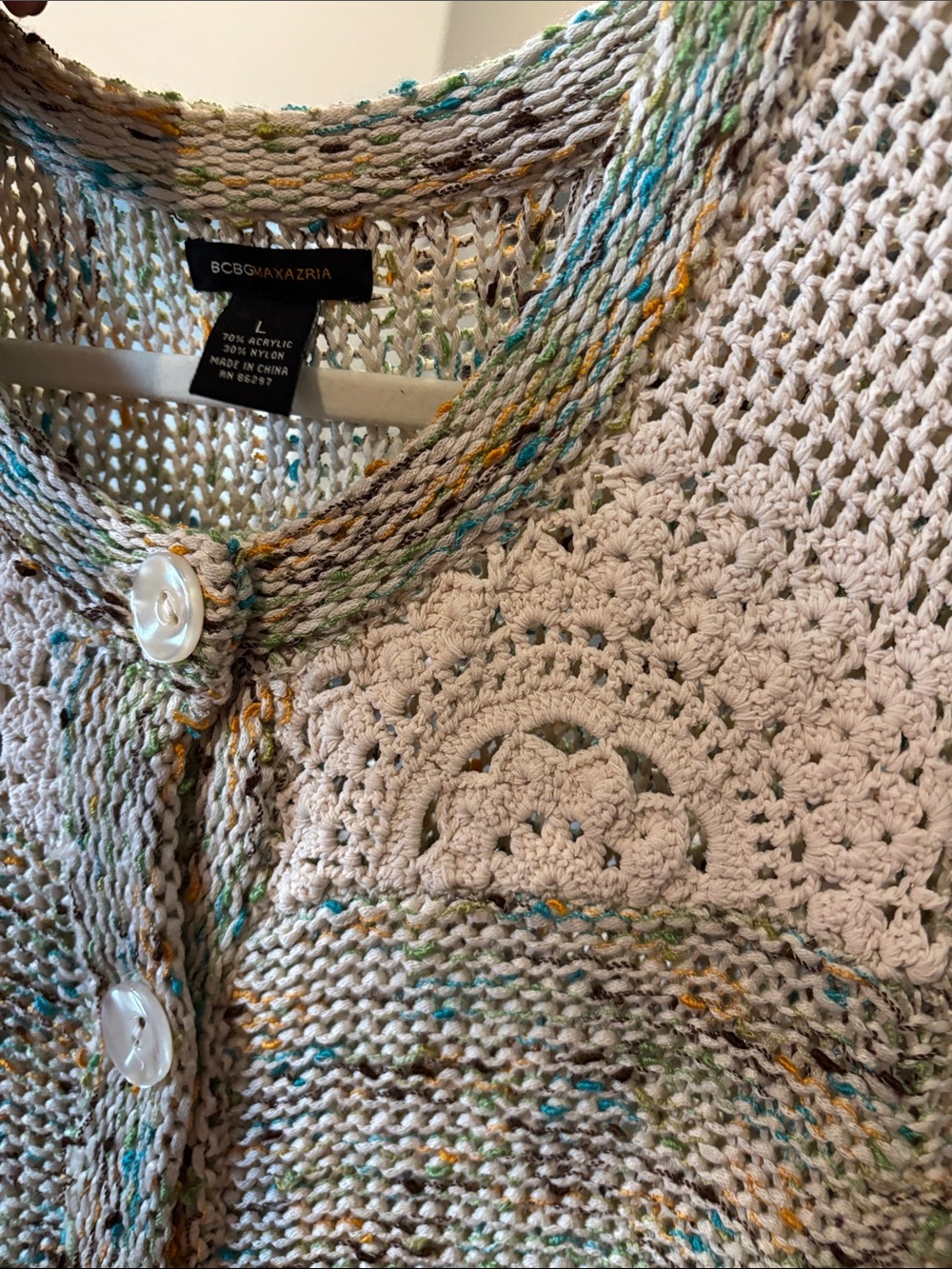 Bcbgmaxazria Boho Cream Multicolor Crochet Yoke Buttoned Cardigan Large - Picture 6 of 7
